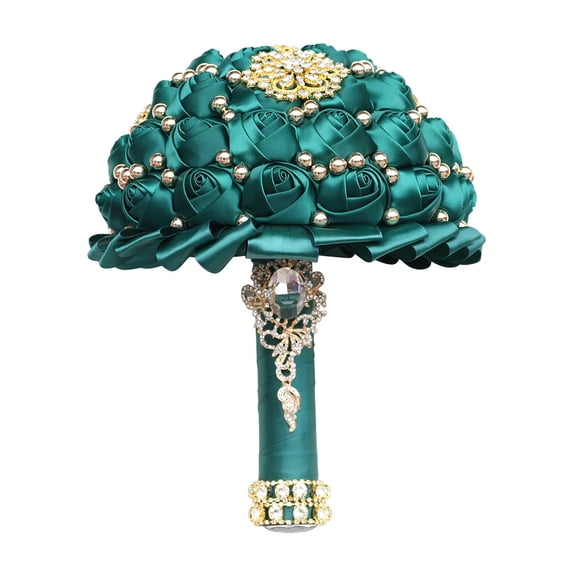 Bridal Wedding Bouquet with Diamond Pearl Ribbon - Handmade Satin Rose Round Bouquet for Bride, Bridesmaid, Valentine's Day, Quinceanera & Toss Ceremony (Green,9.8"x7")