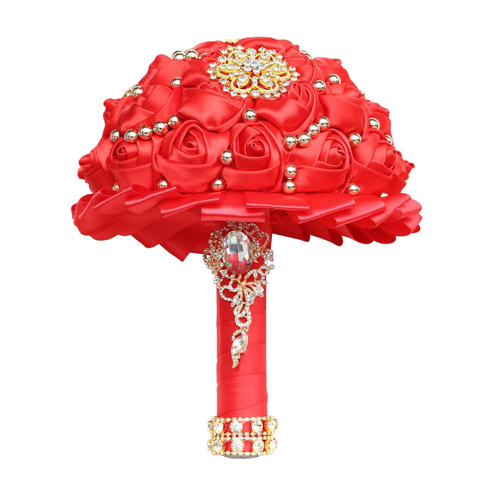 Bridal Wedding Bouquet with Diamond Pearl Ribbon - Handmade Satin Rose Round Bouquet for Bride, Bridesmaid, Valentine's Day, Quinceanera & Toss Ceremony (Red,11"x9.5")