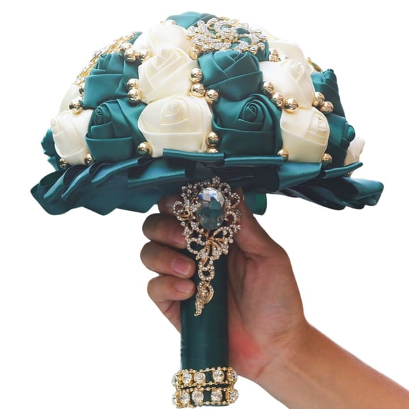 Bridal Wedding Bouquet Gold Rhinestone Brooch Bouquet for Bride Bridesmaid Quinceanera Satin Rose Artificial Flower Bouquet Wedding Ceremony Bridal Party Bouquet