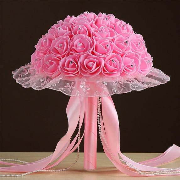 Bridal Wedding Bouquet, Round Bling Brooch Bouquet, Throw Toss Artificial Rose Flower Bunch for Bride Bridesmaid Wedding Quinceanera (Pink/1 Bouquet) 8.27Inches