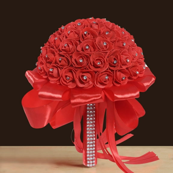 Bridal Wedding Bouquet, Round Bling Brooch Bouquet, Throw Toss Artificial Rose Flower Bunch for Bride Bridesmaid Wedding Quinceanera (Red/1 Bouquet) 8.27Inches