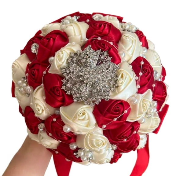 Bridal Wedding Bouquet Round Bling Brooch Bouquet Throw Toss Artificial Rose Flower Bunch for Bride Bridesmaid Wedding Quinceanera(Dia. 8.5"/20cm)