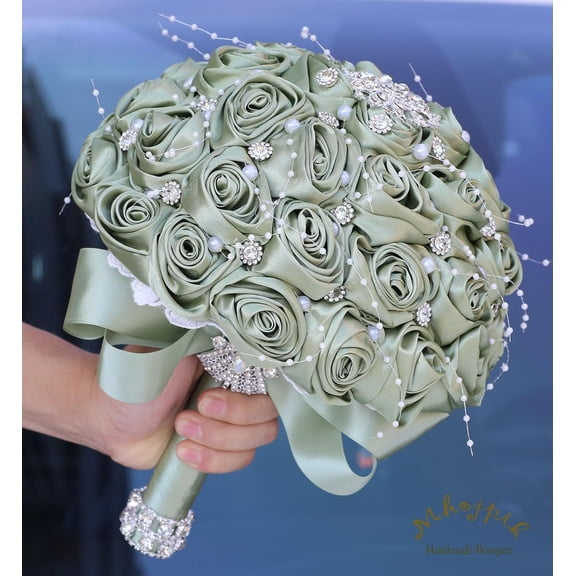Bridal Wedding Bouquet Round Bling Brooch Holding Bouquet Artificial Rose Flower Bunch for Bride Bridesmaid Wedding Quinceanera(Sage Green, 8.7")
