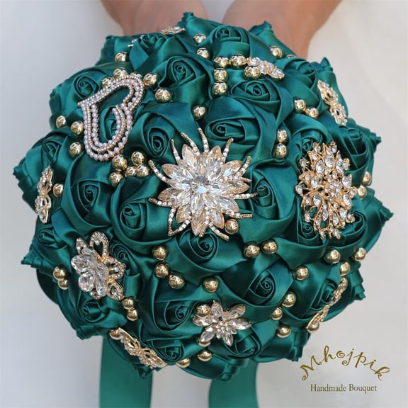 Bridal Wedding Bouquet Round Holding Bouquet Throw Toss Artificial Rose Flower Bunch for Bride Bridesmaid Wedding Quinceanera(Dark Green, 8.3")