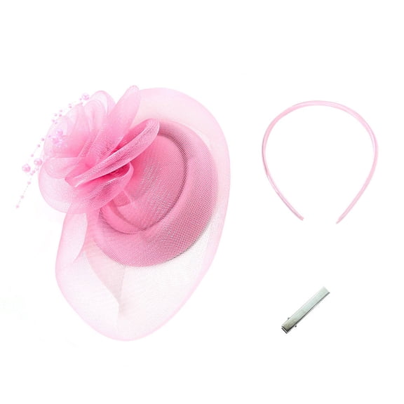 Bridal Wedding Hair Accessories Tea Party Mesh Feather Headwear Model Fashion Show Photo Style Hair Accessories Top Hat(Pink)