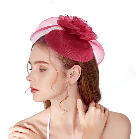 Bridal Wedding Hair Accessories Tea Party Mesh Feather Headwear Model Fashion Show Photo Style Hair Accessories Top Hat(Wine Red)