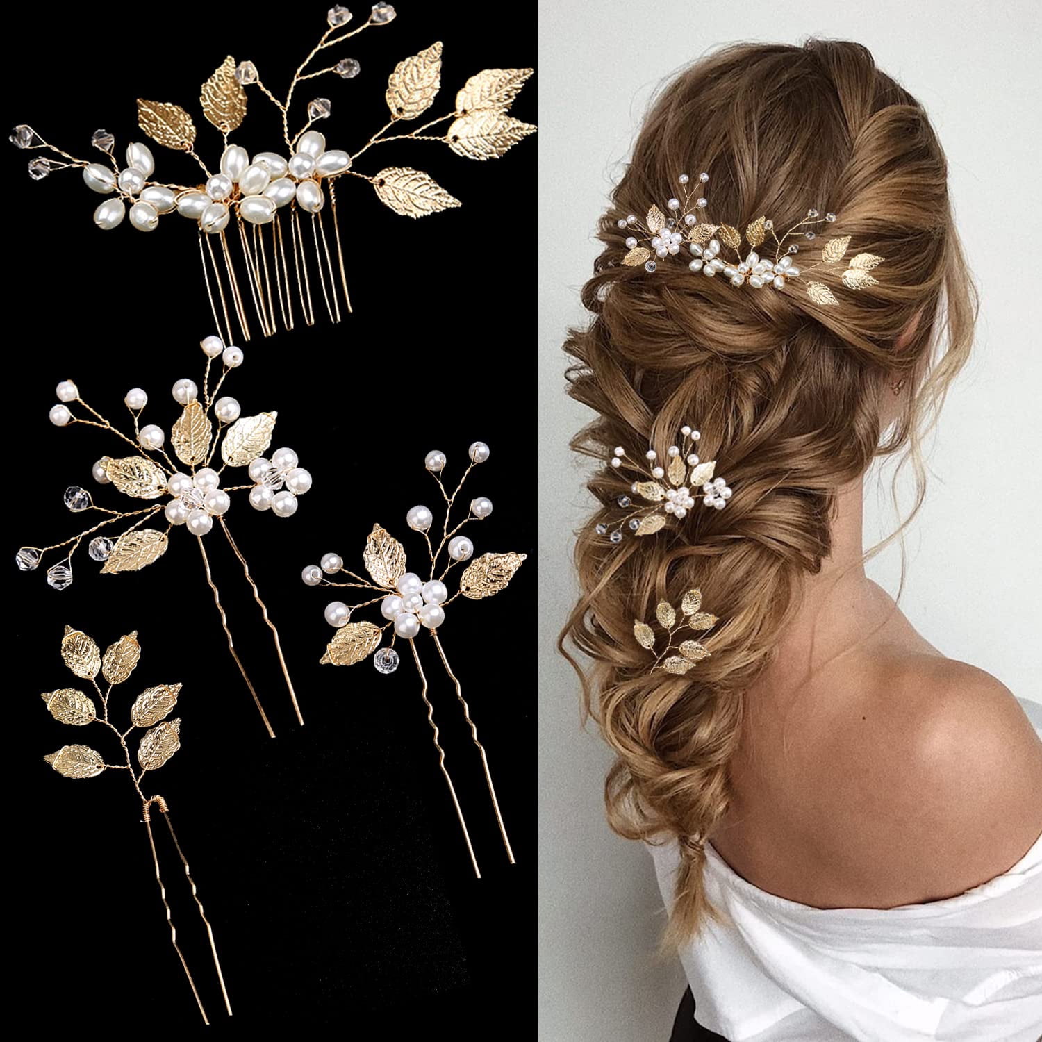 Bridal Wedding Hair Pins Gold Leaf Crystal Pearl Hair Clips Flower Headpiece Vintage Hair Accessories for Brides Bridesmaids