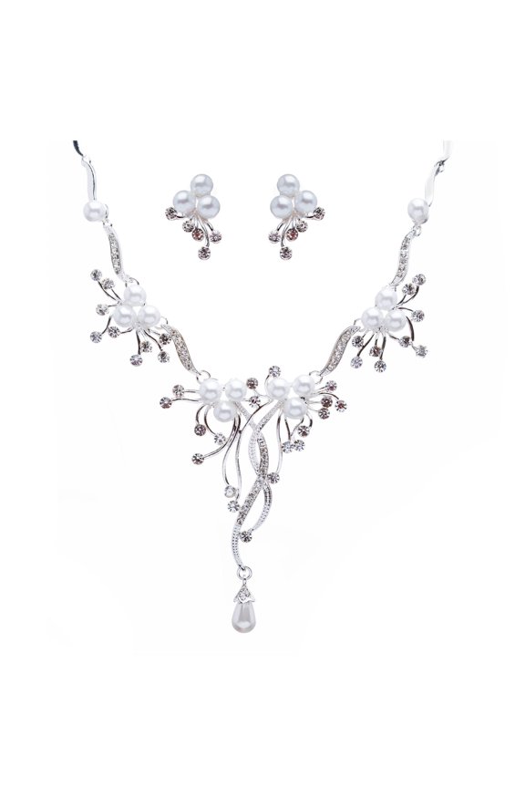 Bridal Wedding Jewelry Set Crystal Rhinestone Pearl Floral Vine Design Necklace