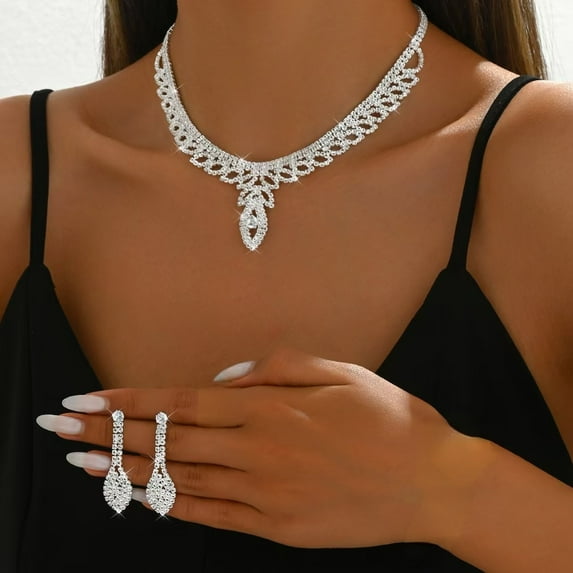 Bridal Wedding Jewelry Set Silver Rhinestone Necklace Earrings Bracelet Sets Prom Formal Costume Jewelry for Women and Brides