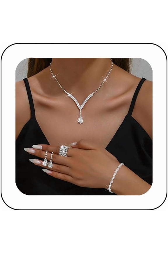 Bridal Wedding Jewelry Set Silver Rhinestone Necklace Earrings Sets Formal Costume Jewelry for Women and Brides