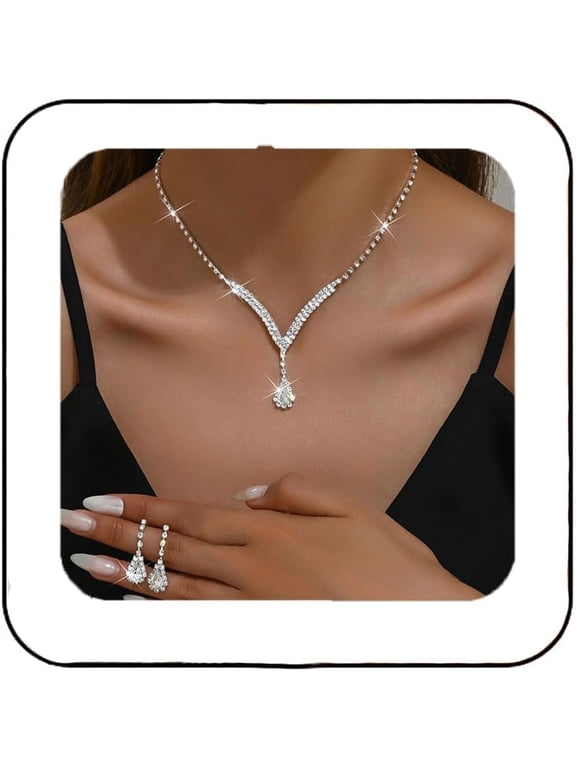 Bridal Wedding Jewelry Set Silver Rhinestone Necklace Earrings Sets Formal Costume Jewelry for Women and Brides