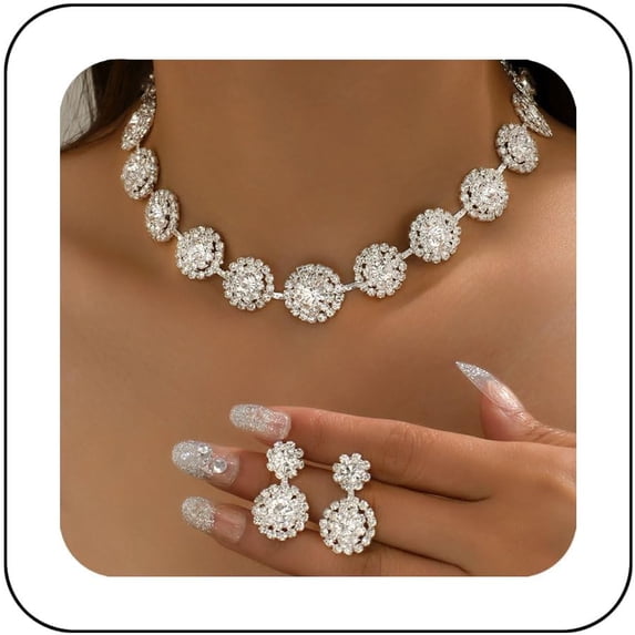 Bridal Wedding Jewelry Set Silver Rhinestone Necklace Earrings Sets Formal Costume Jewelry for Women and Brides