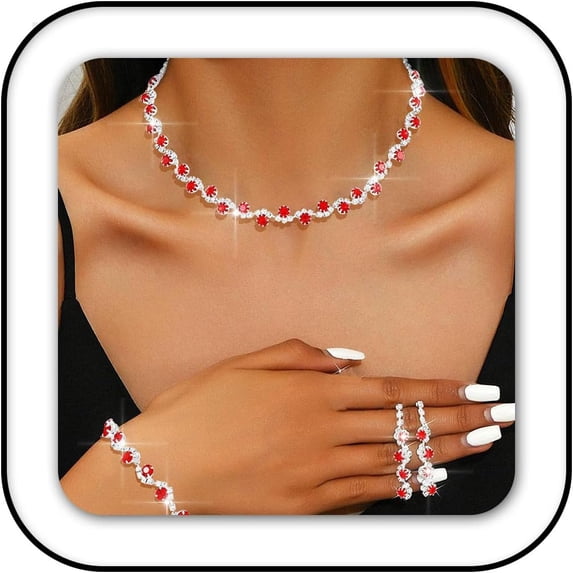 Bridal Wedding Jewelry Set Silver Rhinestones Choker Necklaces Earrings Bracelet Sets Prom Jewelry for Women and Brides