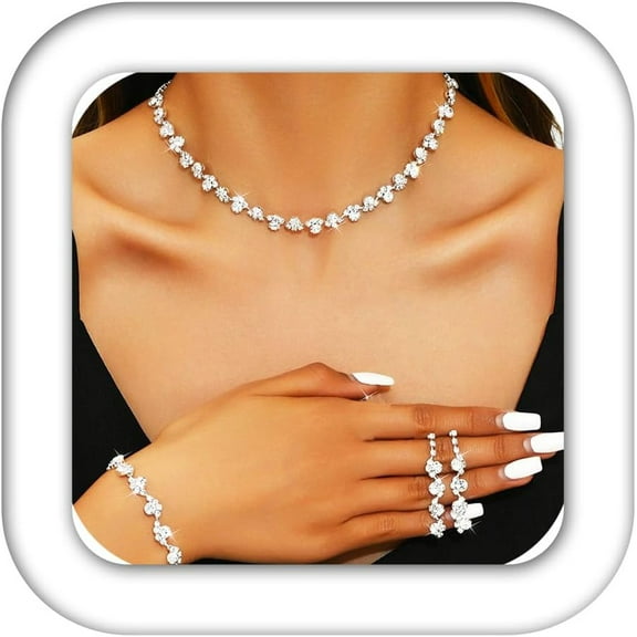 Bridal Wedding Jewelry Set Silver Rhinestones Choker Necklaces Earrings Bracelet Sets Prom Jewelry for Women and Brides