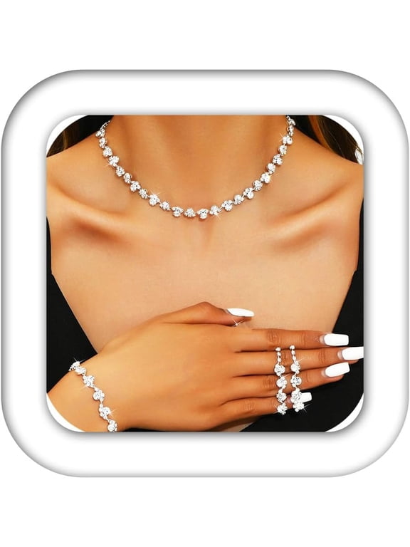 Bridal Wedding Jewelry Set Silver Rhinestones Choker Necklaces Earrings Bracelet Sets Prom Jewelry for Women and Brides