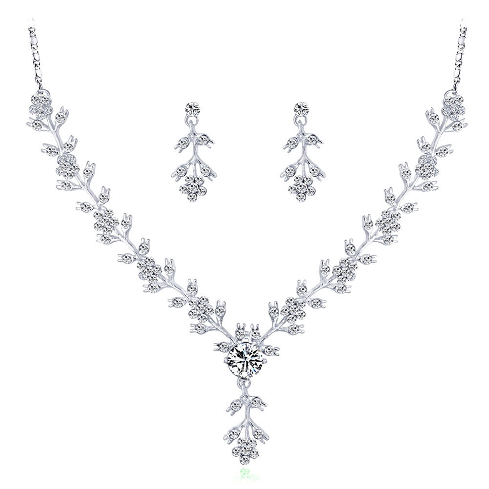 Set (Silver) Necklace Bridal Accessories High-grade Earrings Catkins Jewelry Wedding Crystal Set Necklace