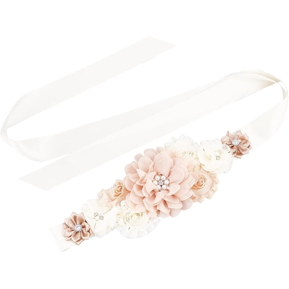 Bridal Wedding Sash Belt with Flowers Pearls Khaki Rhinestone Bridal Belt 85 Inch Wedding Dress Belt for Women Brides Bridesmaids Dress Wedding Accessories