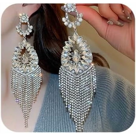 Bridal Wedding Silver Rhinestone Long Earrings Dangling Sparkly Dangle Earrings Chandelier Earrings Tassel Large Studs Crystal Statement Earrings for Women Bride