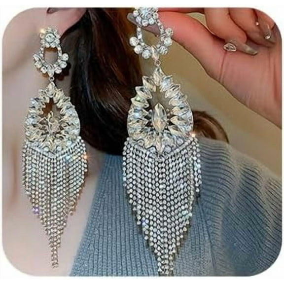 Bridal Wedding Silver Rhinestone Long Earrings Dangling Sparkly Dangle Earrings Chandelier Earrings Tassel Large Studs Crystal Statement Earrings for Women Bride