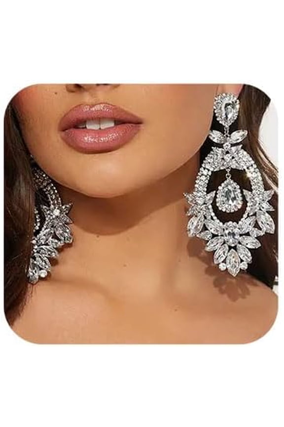 Bridal Wedding Silver Top Rhinestone Long Earrings Dangling Sparkly Dangle Earrings Chandelier Earrings Tassel Large Studs Crystal Earrings for Women Bride[v685]