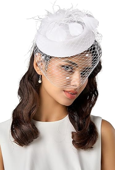 ?Fascinator Bridal Wedding veil with feathers and flower mesh for tea party. White Birdcage Wedding Veil with Floral Feather Fascinator main image 4