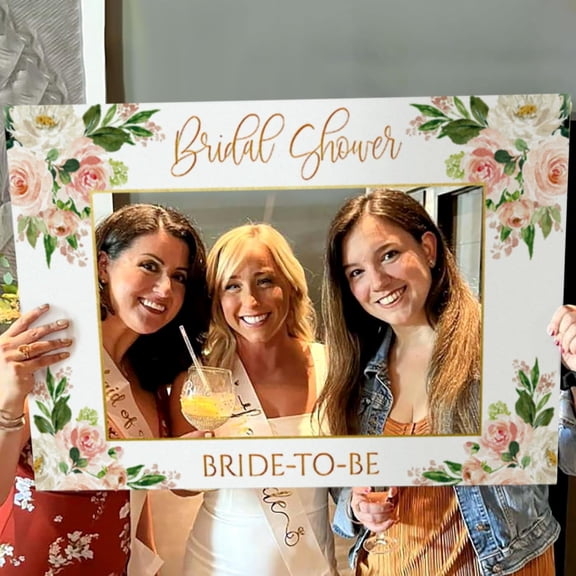 Bridal party handheld photo frame props with watercolor flowers and gold decorations