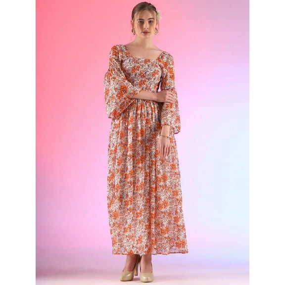BridalGallery Print Midi Long Dress For Women Summer Tunic Flared Dress Square Neck Casual Loose Flowy Swing Shift Dresses Size XS-XXL