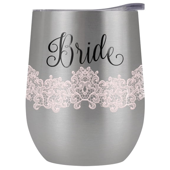 Bride 12 OZ Stemless Wine Tumbler, Stainless Steel Travel Cup|Lake Tumbler|Insulated with Leak Resistant Slide-Lock Lid, Silver