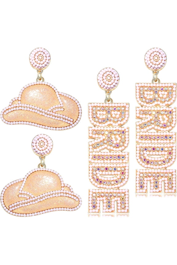 Bride And Mrs Earrings Set Rhinestone Beaded Wedding Bridal Earrings Bride Cowboy Hat Earrings For Women Bridesmaids Bachelorette Party Gift[Z1]