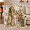 thumbnail image 1 of Bride and Attendant in Castle Garden, Dreamy Medieval Style for Fantasy Lovers, Floral Princess Path and Wedding Gift, Soft Flannel Blanket for Bedroom and Reading Nook, Home Decor, 1 of 9