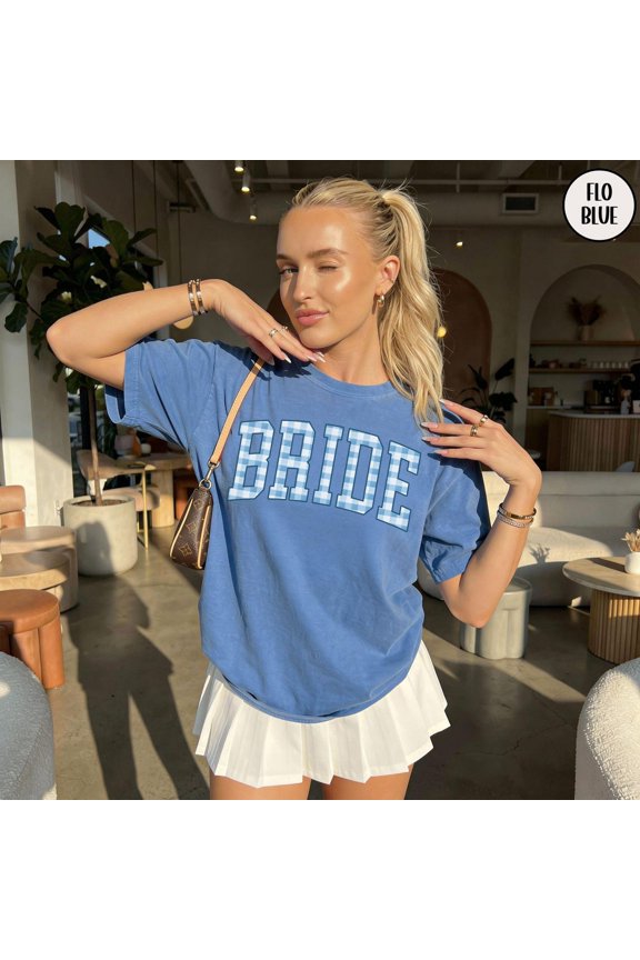 Bride Blue Gingham Bride Future Mrs Getting Ready T-Shirt All Size S-3XL