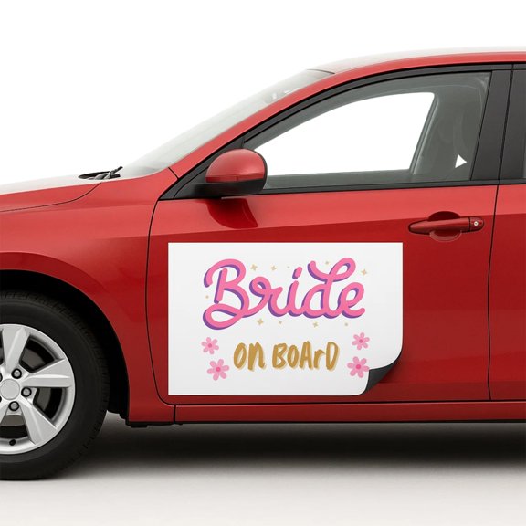 Bride On Board Car Magnet Sign by DC | Flexible Car Magnetic Sheets with Adhesive Backing | 12"x18" Bumper Magnet Sticker for Vehicles, Trucks & Business Advertising Signs | 2 PC | Made in USA