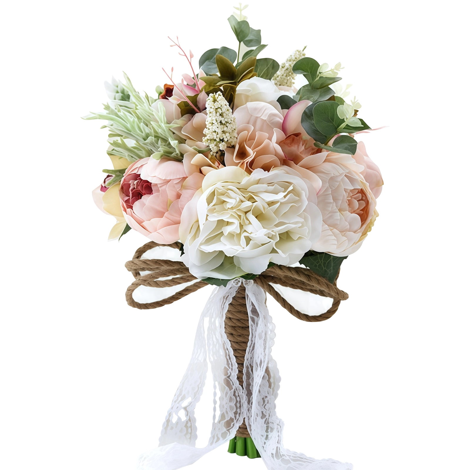 Bride Bouquets for Wedding, Artificial Silk Flower Bouquets, White Pink Bridal Bouquets with Green Leaves and Lace Handle, Classic European Style