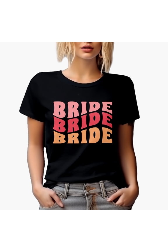 Bride, Bridal Shower, Wedding Day, Engagement or Fiancee Themed, Groovy Retro Wavy Text Merch Gift, Black T-Shirt, XL