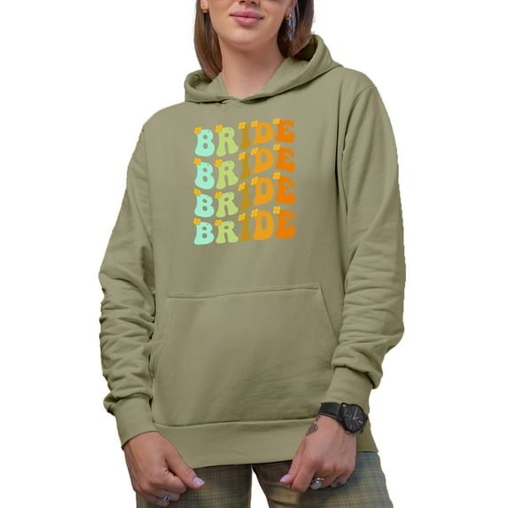 Bride, Bridal Shower, Wedding, Fiancee or Marriage Themed, Groovy Retro Wavy Text Merch Gift, Sand Hooded Sweatshirt or Hoodie, Large