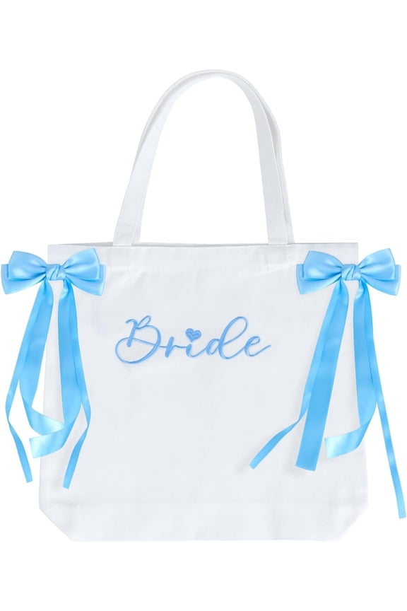 Bride Canvas Tote Bag with Blue Satin Bows - Large Capacity Bridal Purse for Bachelorette Party, Bridal Shower & Wedding Day | Bride-to-Be  & Engagement Accessory
