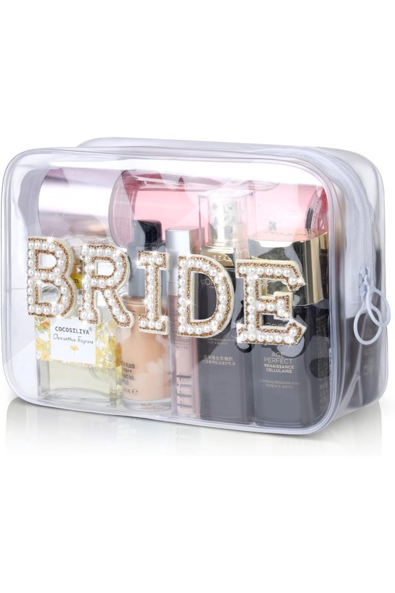 Bride Clear Makeup Bag, Bridal Shower Gifts Engagement Cosmetic Bag, Bling Pearl Rhinestone Letter Patches Waterproof PVC Travel Organizer for Women Wedding Bachelorette Party (Gold)