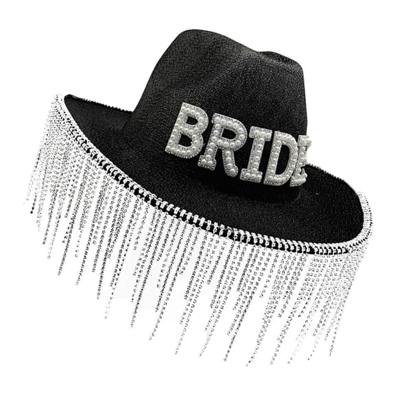Bride Cowgirls Hat with Pearls Letter and Rhinestones Tassels for Bachelorette Party and Honeymoon Gathering Wear
