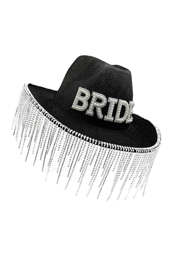 Bride Cowgirls Hat with Pearls Letter and Rhinestones Tassels for Bachelorette Party and Honeymoon Gathering Wear