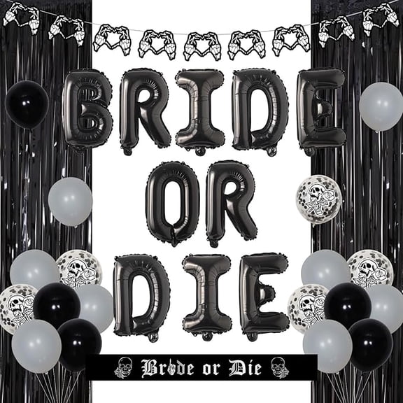 Bride or Die Gothic Bachelorette Party Decorations Gothic Black Hand Gesture Heart Garland Banner Foil Rain Curtain Bride or Die Sash Latex Balloons for Women Bachelorette Party Bridal Shower Party