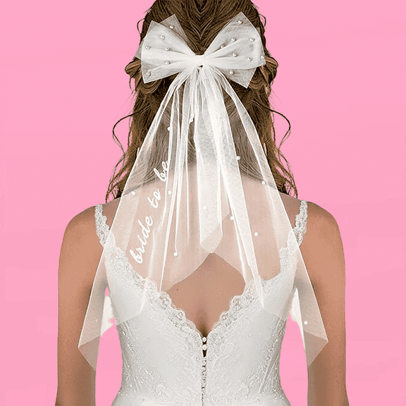 Bachelorette Party Veil for Bride | Embroidered Tulle Hair Bow Veil with Pearls | 2-Layer Bridal Shower accessory, Wedding Engagement Gift for Women