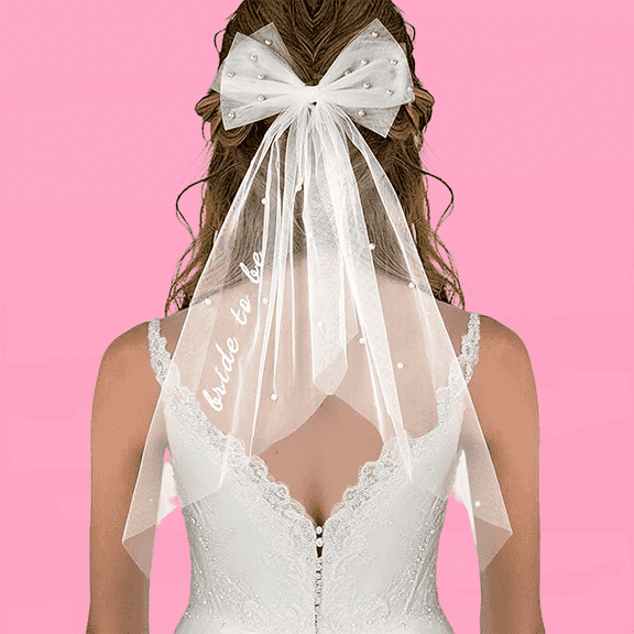 Bachelorette Party Veil for Bride | Embroidered Tulle Hair Bow Veil with Pearls | 2-Layer Bridal Shower accessory, Wedding Engagement Gift for Women
