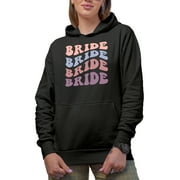Bride, Engagement, Bridal Shower, Wedding, Marriage or Fiancee Themed, Groovy Retro Wavy Text Merch Gift, Black Hooded Sweatshirt or Hoodie, Small