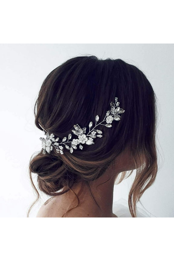 Bride Flower Wedding Hair Vine Pearls Bridal Hair Piece Crystal Hair Accessories for Women and Girls (Silver)