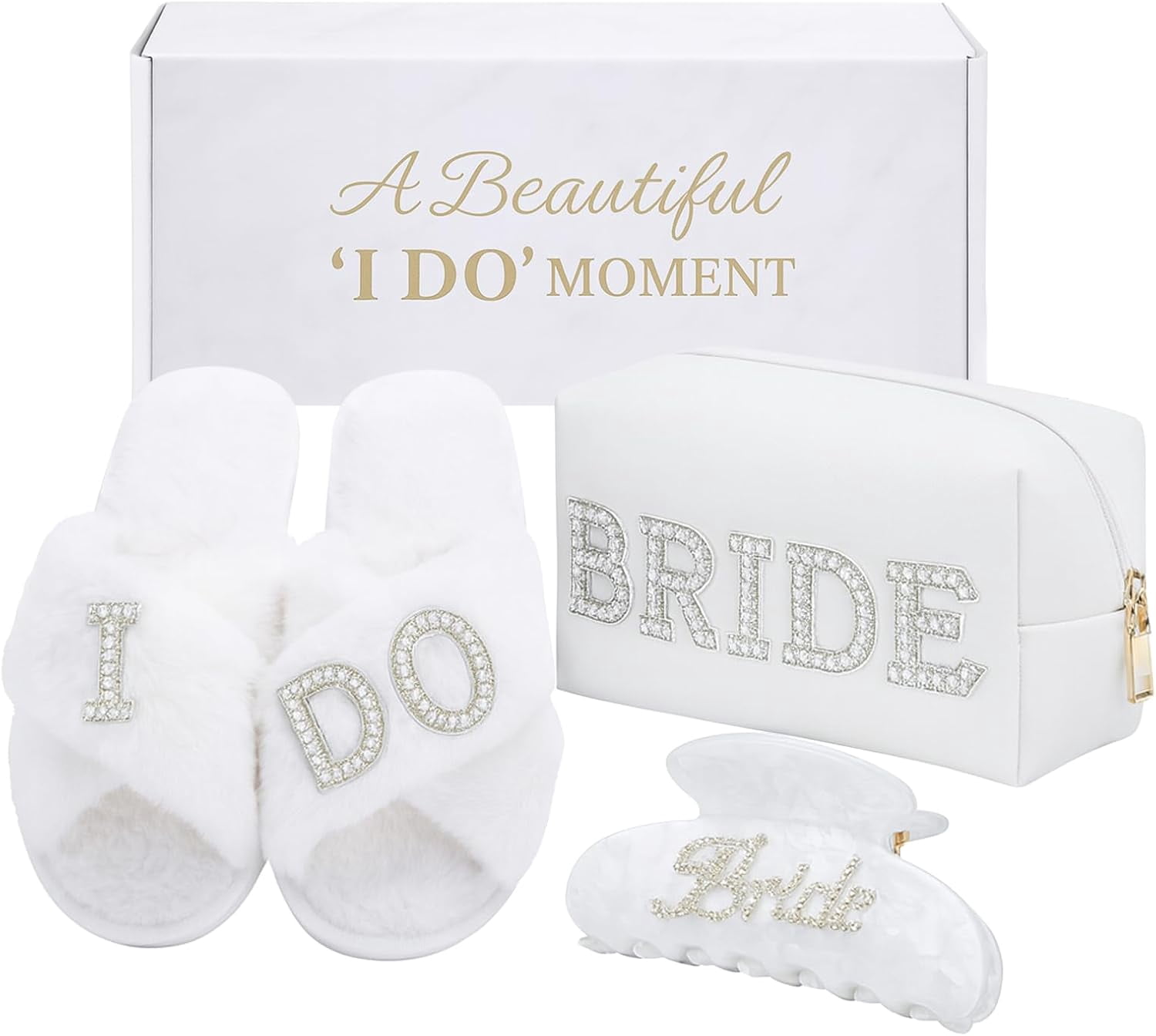 Bride To Be Gift Set - Bridal Shower Gifts & Wedding Gifts for Bride, Bachelorette Gifts for Bride, Engagement Gift for Her, Bachelor Party Christmas Gifts, Makeup Bag, I DO Slippers, Hair Clip