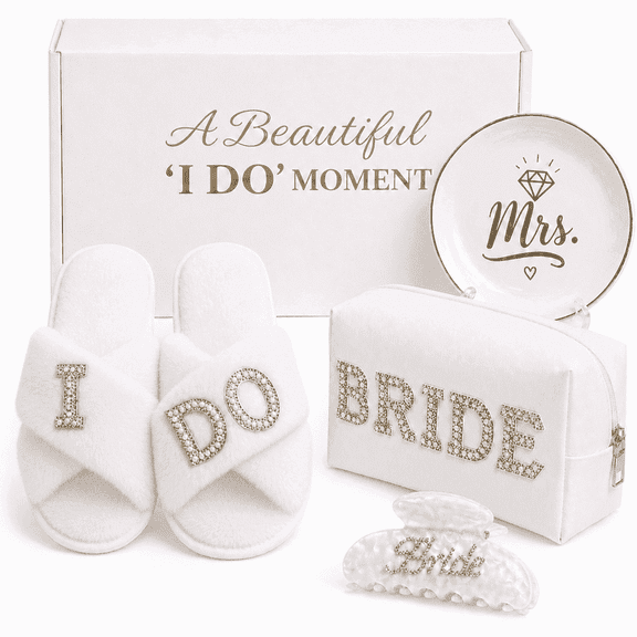 Bride to Be Gift Set, 4 Piece Bridal Shower Gift Box with Makeup Bag, Slippers, Hair Clip and Jewelry Tray