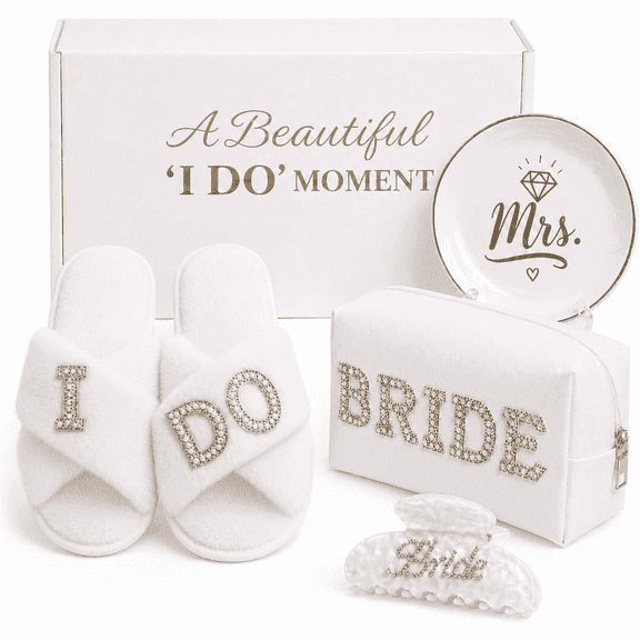 Birdal Gift Set4-Piece Birde Gift Set with Makeup Bag, Slippers, Hair Clip & Jewelry Tray & More-Gift for Bride to be Bachelorette Gifts for Her-Bridal Shower Decorations