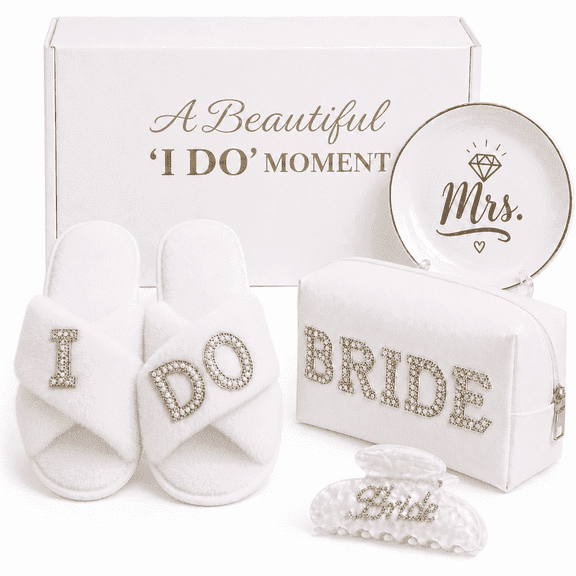 Bride To Be Gift Set, Bridal Shower Gifts for Bride, Wedding & Bachelorette Gifts for Bride, Engagement Gift for Her, Includes Makeup Bag, I DO Slippers, Hair Clip & Jewelry Tray