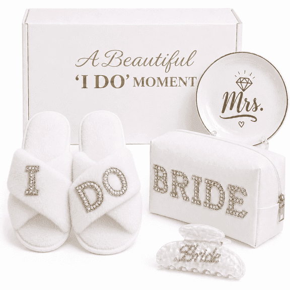 Bride To Be Gift Set Bridal Shower Gifts Wedding Gifts for Bride, Bachelorette Gifts for Bride, Engagement Gift for Her, Bachelor Party Gifts, Makeup Bag, I DO Slippers, Hair Clip，Jewelry tray
