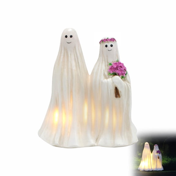 Bride Groom Ghost Led Figurine Decor, Whimsical Halloween Wedding Ornament, Resin Couple Accent Piece, Romantic Spooky Season Party Decoration Gift